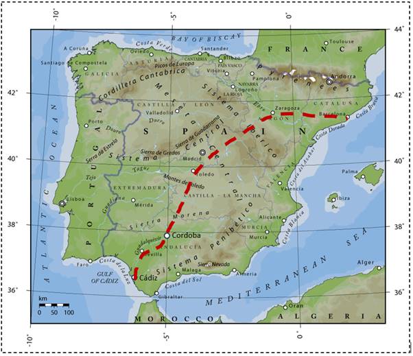 A map of spain with red lines with Iberian Peninsula in the background

Description automatically generated